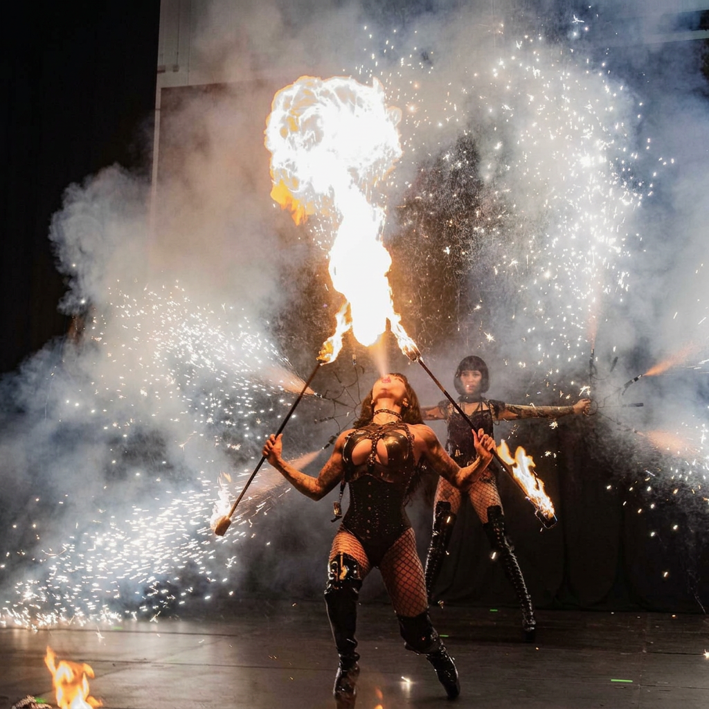 Two fire performers on stage amid flames and sparks